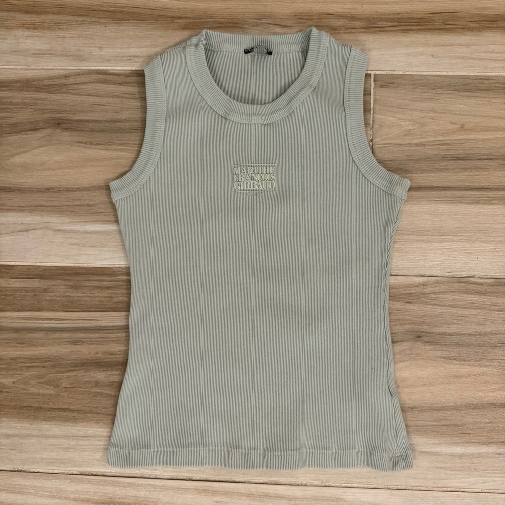 Marithe Francois Girbaud Stella Top Sage Green Ribbed Sleeveless Tank Logo Small